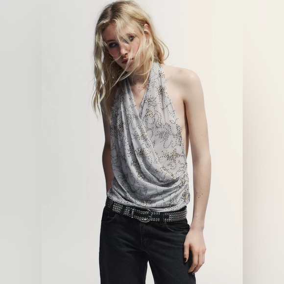 ZARA BEADED EMBROIDERED HALTER TOP - Picture 5 of 12